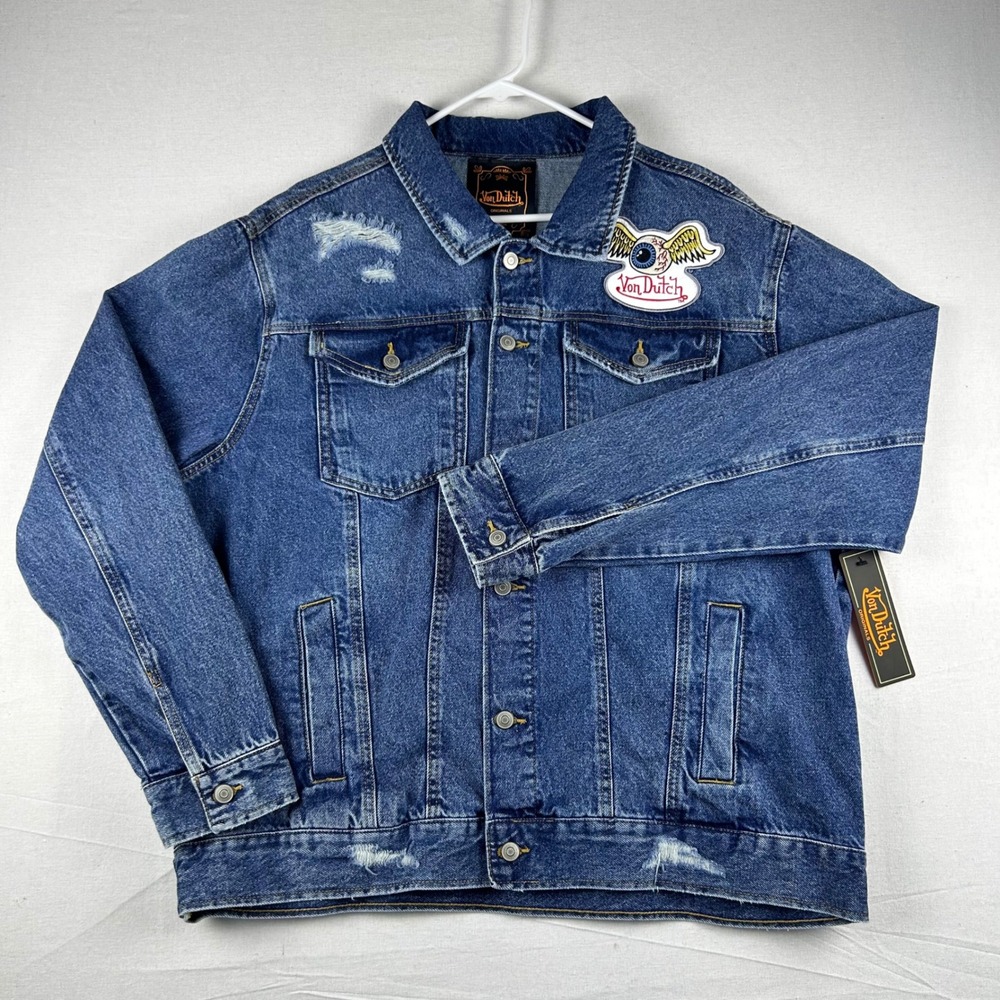 Von Dutch Originals Mens Distressed Denim Trucker Jacket Blue 2X Flying Eyeball
